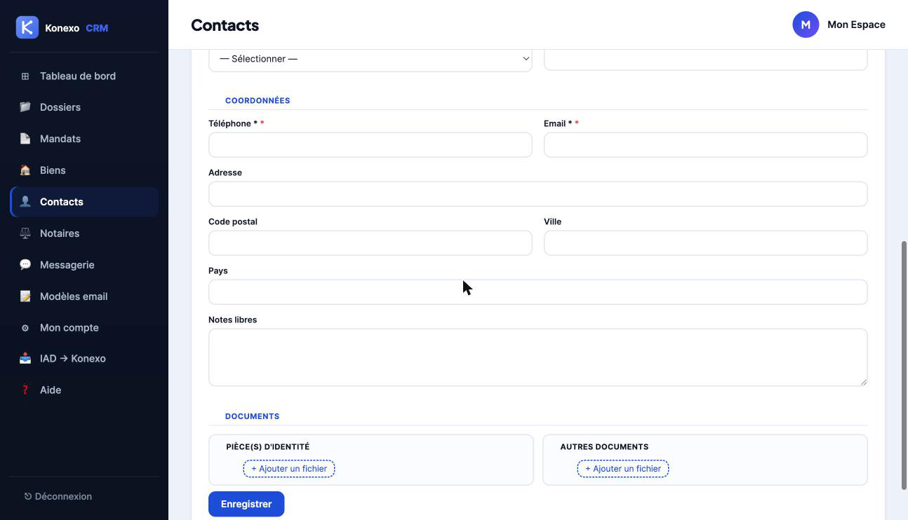 Liste de contacts avec barre de recherche et filtres — Konexo CRM