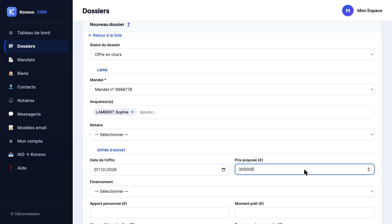 Écran de création d'un dossier — Konexo CRM