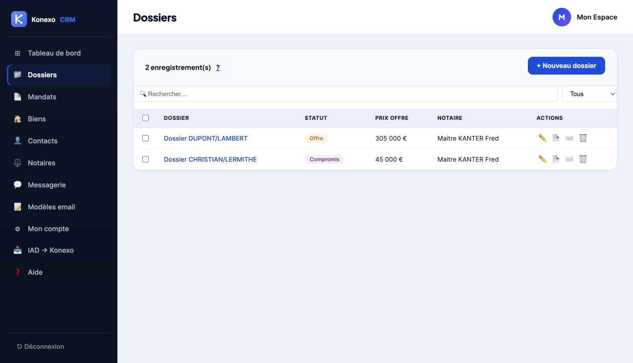 Liste des dossiers avec pipeline et statuts colorés — Konexo CRM