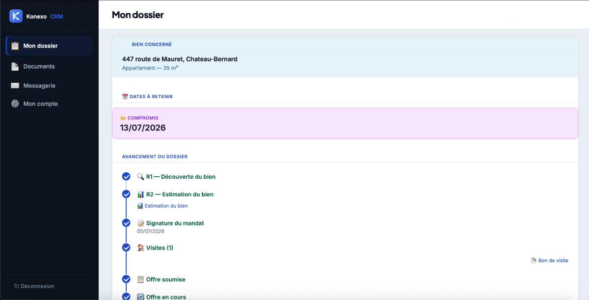 Espace client — frise d'avancement avec étapes — Konexo CRM