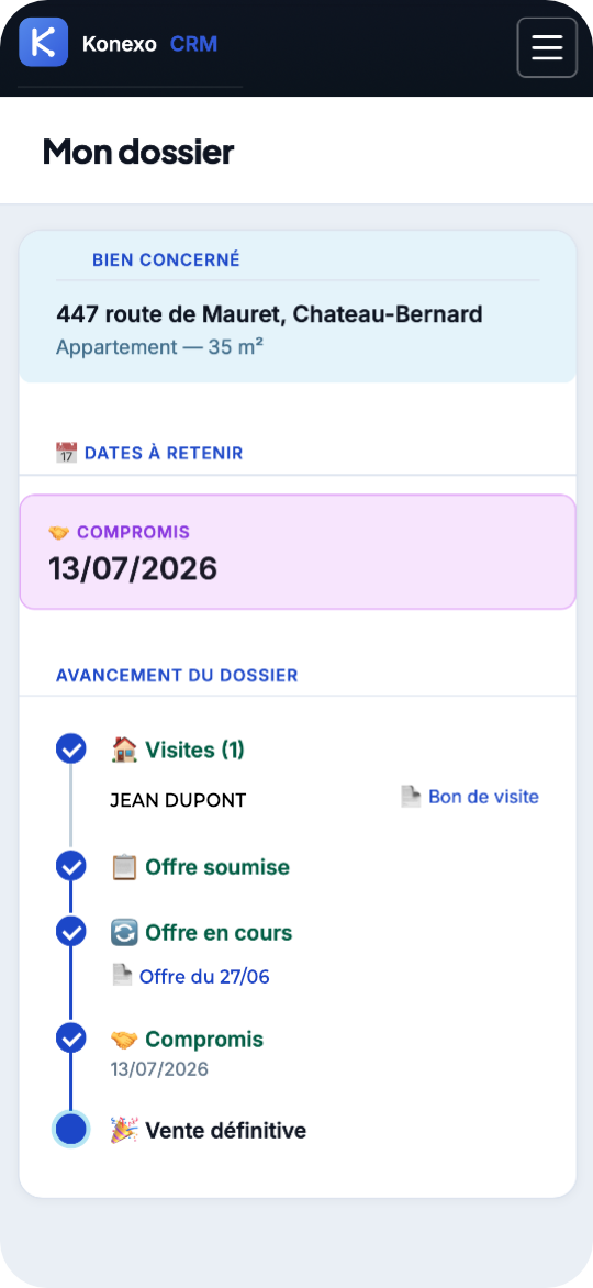 Espace client — onglet Mon dossier avec frise d'avancement — Konexo CRM