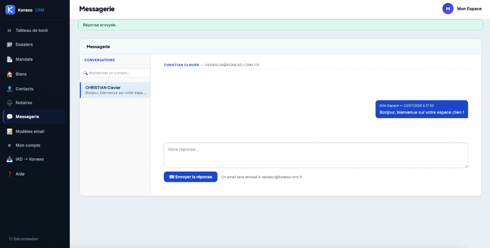 Interface messagerie côté conseiller — Konexo CRM