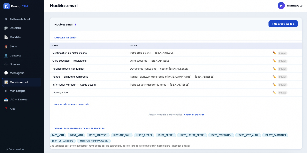 Modèles d'email — Konexo CRM