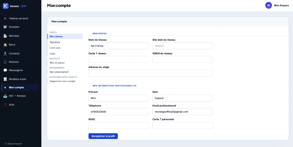 Personnaliser mon espace — Konexo CRM