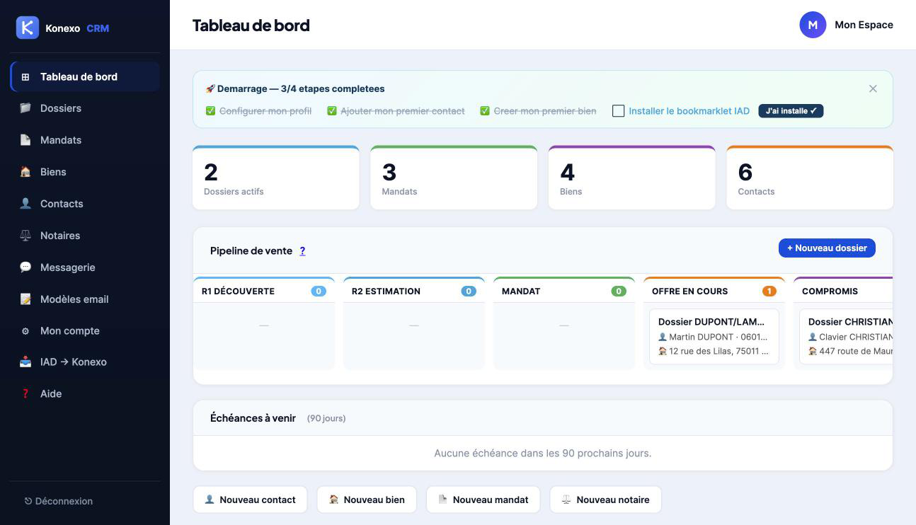 Tableau de bord Konexo CRM — pipeline et vue d'ensemble