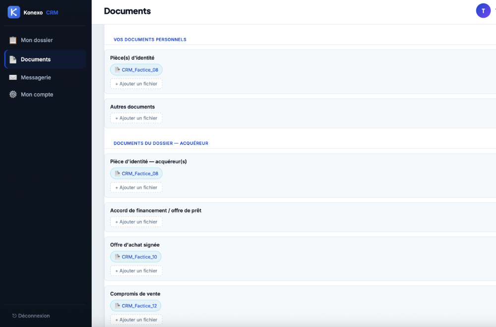 Espace client — onglet Documents — Konexo CRM