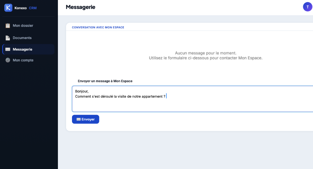 Espace client — messagerie avec conversation — Konexo CRM